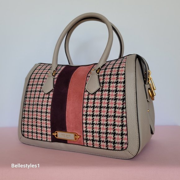 KATE SPADE Gramercy Racing Stripe Plaid Twill Medium Satchel-Mushroom Multi ⭐ - Picture 4 of 16